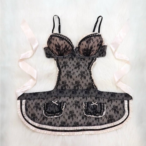 Victoria's Secret Other - VTG Victoria Secret Sexy Little Things Pink Black Lace French Maid Bra Apron 36C